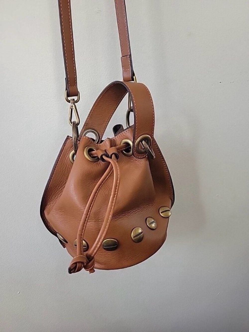 Brown Leather Drawstring Satchel Shoulder Bag - Picture 2 of 8